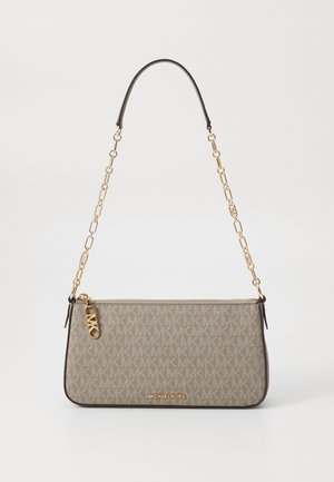Beige patterned handbag with a smooth textured surface, gold chain strap, zip closure, and a gold logo accent on the front.