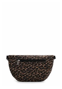 Taška se zvířecím vzorem v hnědé a černé barvě, obdélníkového tvaru s plochým čelem. Má zipovou kapsu a černý nastavitelný popruh.