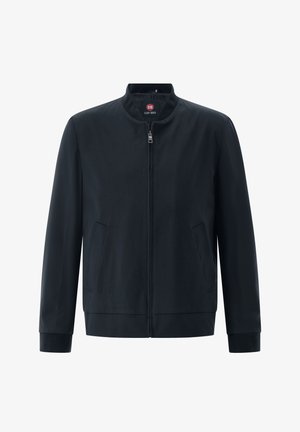 Schwarze Bomberjacke mit Frontreißverschluss und zwei Seitentaschen, mit kleinem Stehkragen sowie gerippten Bündchen und Saum.