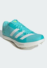 Teal athletic shoes with a textured mesh upper, white stripes, light accents, and a sleek design. Features a white outsole with spikes.