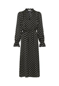 Schwarzes Langarmkleid mit weißen Punkten. Verfügt über einen Kragen, einen vorderen Schlitz und einen Taillengürtel. Der Stoff hat eine glatte Textur.