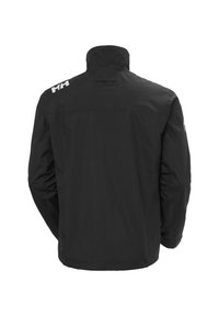 Chaqueta impermeable negra vista desde atrás con un cuello alto y el logo blanco "HH" en el hombro derecho.