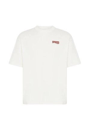 T-shirt bianca a maniche corte con piccolo testo rosso ""ESPRESSO"" sul lato sinistro del petto.