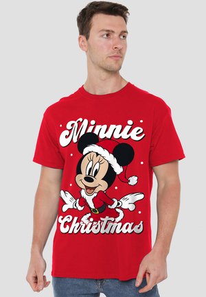 Red cotton t-shirt featuring a graphic of a cartoon character in a Santa outfit, with white text reading "Minnie Christmas" on the front.