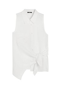 Biała bezrękawnikowa bluzka z kołnierzykiem, przednimi guzikami i węzełkiem w talii. Posiada haftowaną kieszonkę z kwiatowym wzorem.