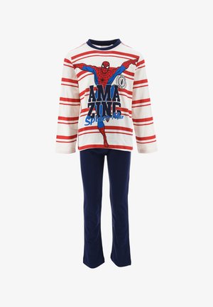 Lange mouwen pyjama set met een wit shirt met rode strepen, een Spider-Man afbeelding en marineblauwe broek. Gemaakt van zachte katoen.