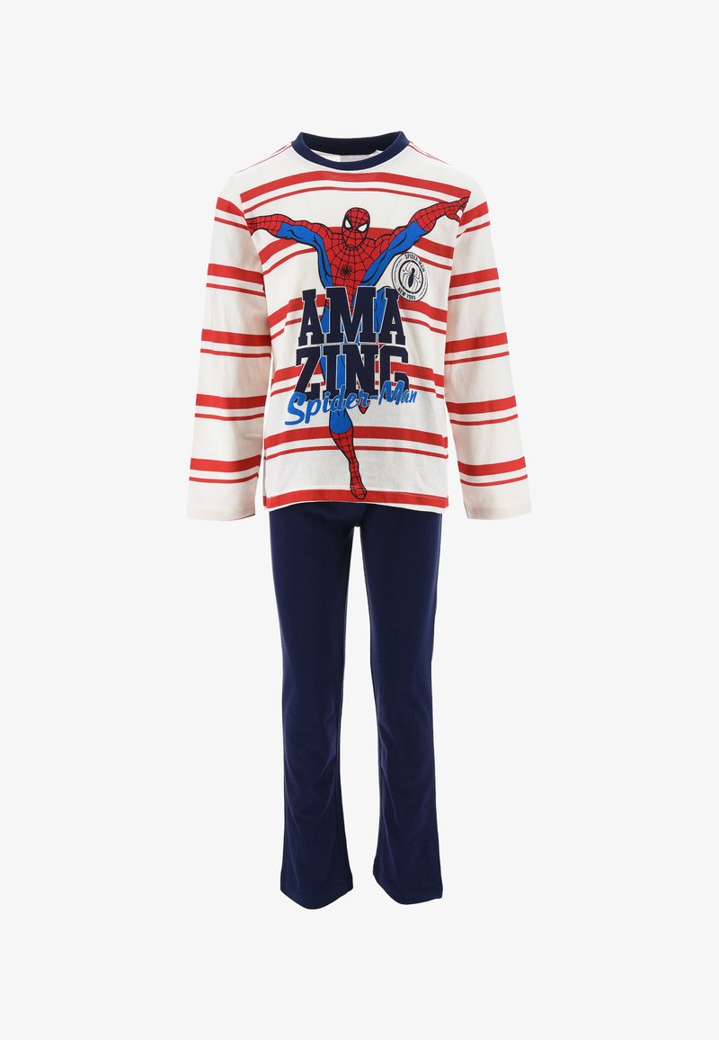 Set di pigiama a maniche lunghe composto da una maglietta bianca con strisce rosse, grafica di Spider-Man e pantaloni blu navy. Realizzato in morbido cotone.