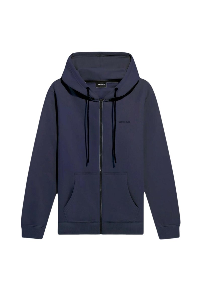 Felpa con zip di colore blu navy realizzata in tessuto morbido, dotata di cappuccio con lacci, tasche frontali e logo sul petto, con una vestibilità comoda.