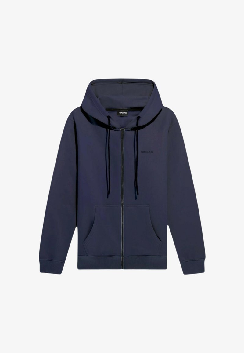 Felpa con zip di colore blu navy realizzata in tessuto morbido, dotata di cappuccio con lacci, tasche frontali e logo sul petto, con una vestibilità comoda.