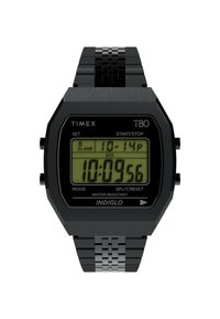 Montre numérique avec un boîtier octogonal noir, écran LCD vert, bracelet en acier inoxydable noir et fonction de rétroéclairage INDIGLO. Résistante à l'eau.