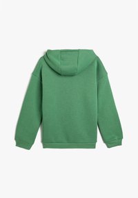Groene hoodie met een ruime capuchon, verlaagde schouders en geribbelde boorden. Gemaakt van zachte stof, met een eenvoudige ontwerp zonder patronen.