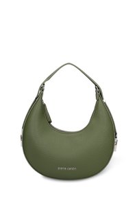 Borsa a tracolla in pelle verde con una forma curva, chiusura con cerniera e manico corto. Presenta una marcatura minimalista sul davanti. Texture liscia.