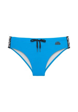 Slip da uomo blu con coulisse nera e logo nero sull'anca destra, con pannelli laterali bianchi e neri con marchio.