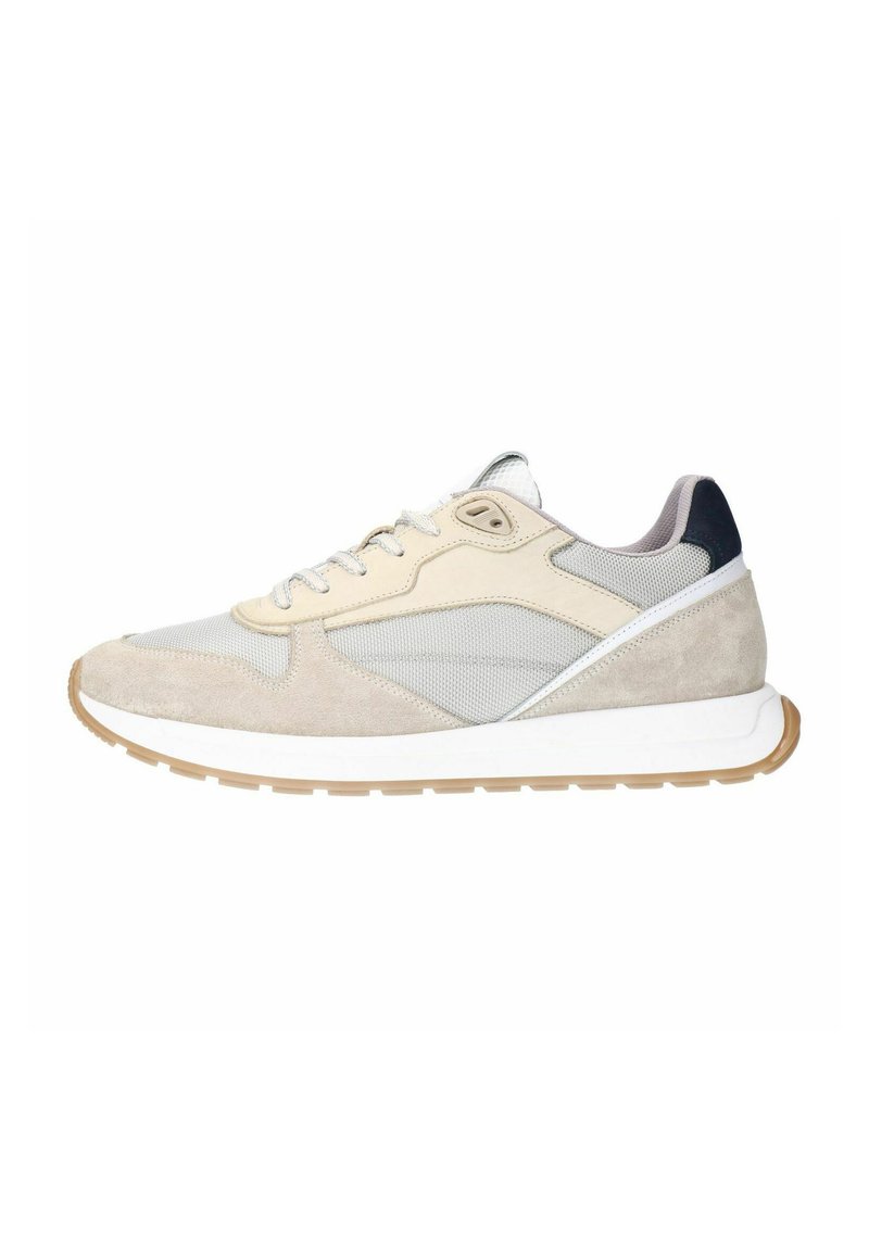 Light beige sneakers with a combination of suede and mesh. Features a gum sole, rounded toe, and contrasting navy accent on the heel.
