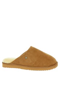 Tan suède instapslofjes met een zachte crèmekleurige bontvoering, ronde neus en een textuur rubberen zool met ribbels voor grip.