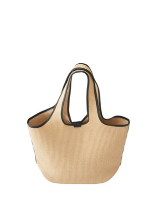 Beige gewebte Tragetasche mit schwarzem Besatz und kurzen Griffen, mit einem einfachen schwarzen Verschluss oben in der Mitte.