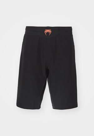 Black athletic shorts with an elastic waistband featuring an orange snake logo on the back. Smooth texture and knee-length design.