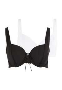 Set von zwei BHs: einer schwarz und einer weiß. Beide haben verstellbare Träger, vorgeformte Cups und einen glatten Stoff mit einem subtilen Glanz.