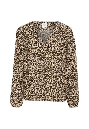 Bluza s leopard uzorkom, V-izrezom, dugim rukavima i laganom tkaninom. Ima slobodan kroj i nabrane manžete. Neutralne bež i crne boje.
