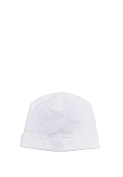 Berretto di cotone bianco con un design semplice, texture morbida e un orlo piegato alla base. Leggero e con una vestibilità flessibile.