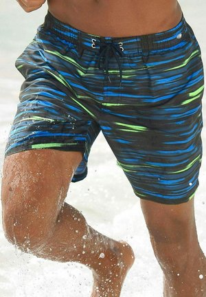 Badehosen aus einem glatten, leichten Stoff, schwarzem Grundton mit blauen und grünen horizontalen Streifen sowie einem elastischen Bund mit Kordelzug.