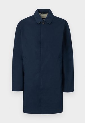 Einreihiger dunkelblauer Herrenmantel mit spitzem Kragen, Knopfverschluss, Seitentaschen und kariertem Innenfutter.