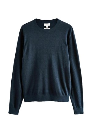 Mężczyzna z krótkimi ciemnymi włosami i brodą, ubrany w niebieski sweter, patrzący lekko w lewo na tle jednolitego tła.