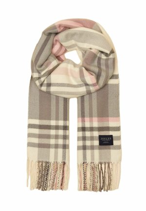 Miękki szal w kratę w odcieniach beżu, brązu, kremu i różu, z frędzlami na końcach oraz czarną metką z logo na jednej stronie.