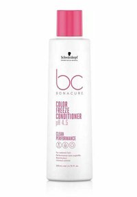 Weiße Kunststoff-Conditionerflasche mit einem pinken Deckel, gekennzeichnet mit "BC Bonacure Color Freeze Conditioner", pH 4,5, 200 mL, mit Angaben zu umweltfreundlicher Leistung.