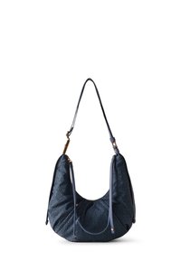 Navyblaues Leder Schultertasche mit strukturierten Oberfläche, geschwungener Form und einem einzigen Riemen mit Akzenten in Goldfarbe.
