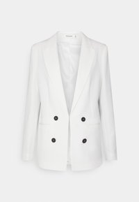 Bílý dvouřadý blazer s velkými černými knoflíky, klopou a hladkým povrchem. Obsahuje dvě přední kapsy a částečně podšívkový vnitřek.