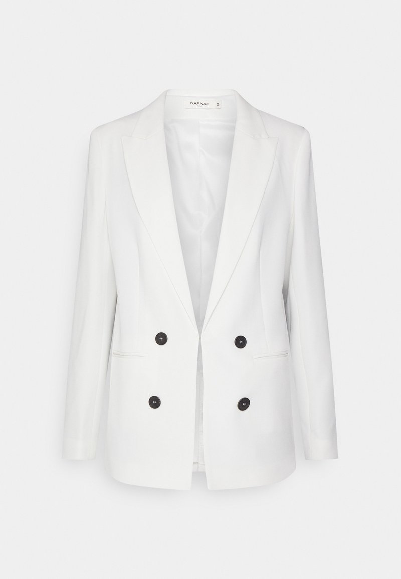 Bílý dvouřadý blazer s velkými černými knoflíky, klopou a hladkým povrchem. Obsahuje dvě přední kapsy a částečně podšívkový vnitřek.