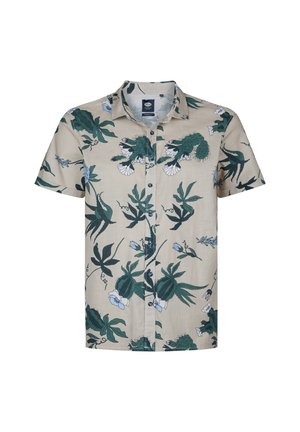 Camicia a maniche corte con bottoni in tessuto beige con stampe floreali verdi e bianche e cactus, dotata di colletto classico e bottoni frontali.