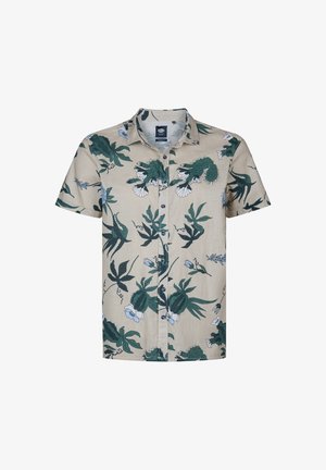 Camicia a maniche corte con bottoni in tessuto beige con stampe floreali verdi e bianche e cactus, dotata di colletto classico e bottoni frontali.