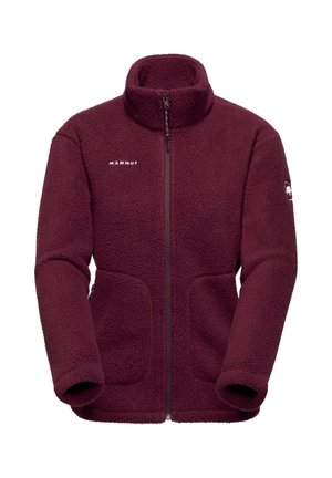 Burgundy fleece jacket with high collar, zip front, and two side pockets. Features a textured, soft surface with logo on chest and sleeve.