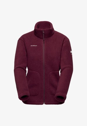 Bordeaux fleece jack met hoge kraag, ritssluiting aan de voorkant en twee zijzakken. Kenmerkt zich door een gestructureerd, zacht oppervlak met een logo op de borst en mouw.