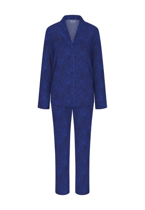 Blå pyjamasset bestående av ett blommönster, långärmad knäppkär top och matchande byxor med en avslappnad passform och mjuk textur.