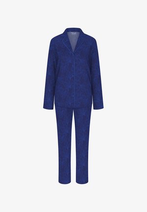 Niebieski komplet piżamowy z kwiatowym wzorem, z długim rękawem, zapinany na guziki oraz dopasowanymi spodniami o luźnym kroju i miękkiej fakturze.
