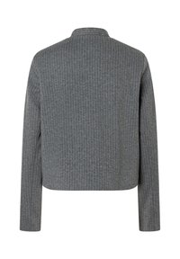 Graue gestreifte Jacke mit hohem Kragen und langen Ärmeln. Verfügt über einen strukturierten Stoff mit vertikalen Linien und einem geraden, kurzen Schnitt.