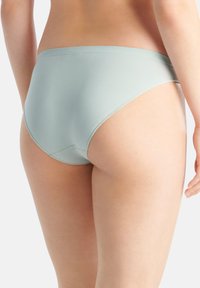 Slip bikini verde chiaro realizzato in un tessuto liscio e elastico, caratterizzato da un taglio a vita alta e un design senza cuciture per il massimo comfort. Senza hardware visibile.