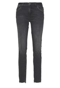 Mörka denimjeans med slim fit, utrustade med dekorativa nitar på framfickorna och en fransad nederkant för en avslappnad look.