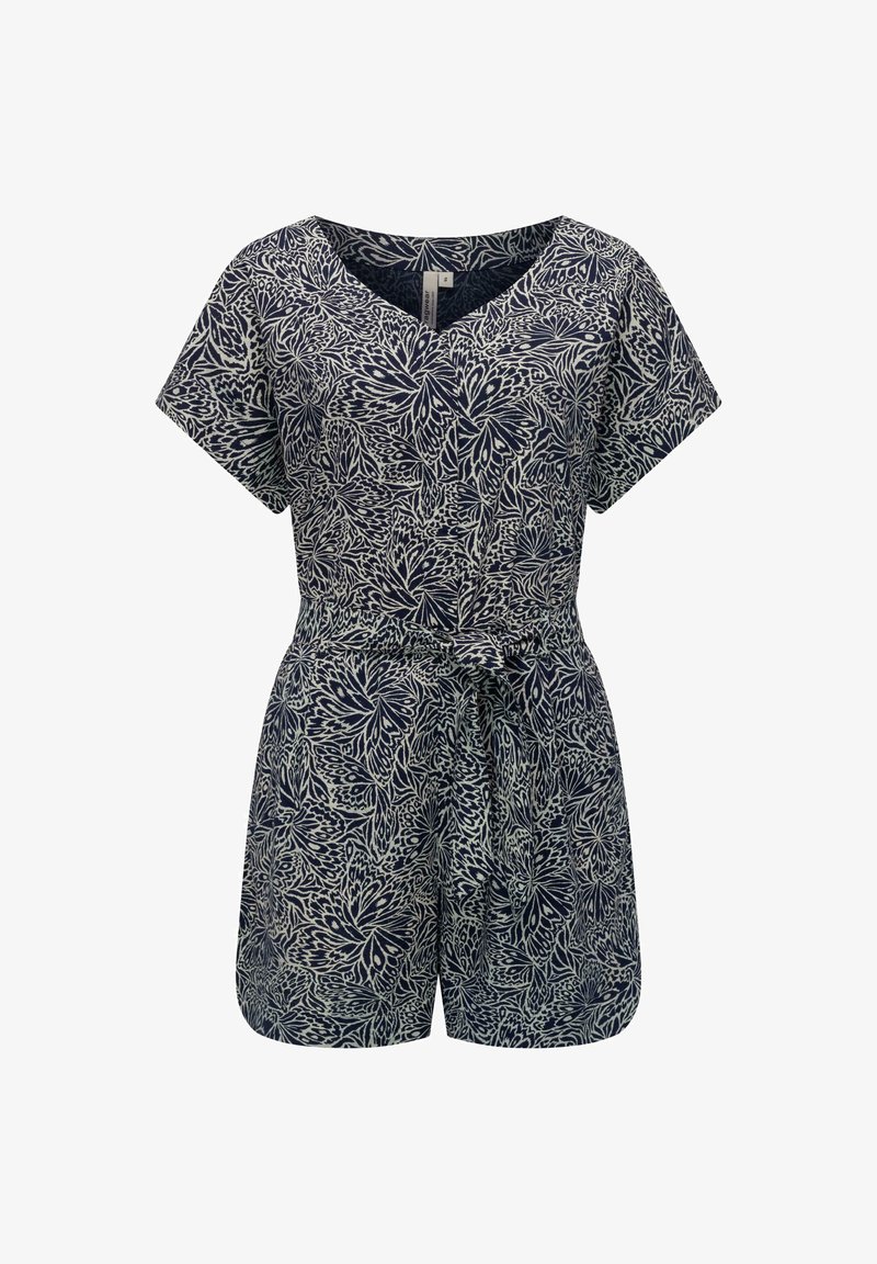 Marinblå jumpsuit med v-ringning, korta ärmar, åtdragen midja och blommigt vitt mönster. Lättviktig tyg med avslappnad passform och knytdetalj.