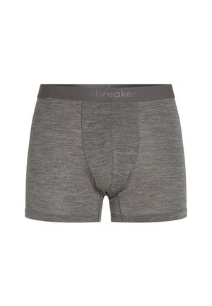 Harmaan sekoitekankaan boxerit, joissa on tummanharmaa joustovyötärö, jossa on hienovarainen painatus brändin nimestä "icebreaker".