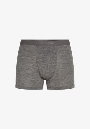 Boxer shorts de modal gris con una cinturilla elástica gris oscuro que presenta el nombre de la marca "icebreaker" en una impresión sutil.