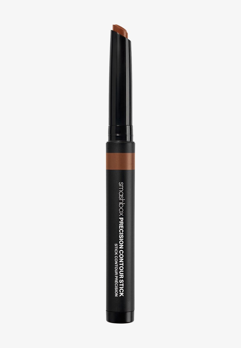 Crayon contour de précision avec une pointe marron foncé, un corps cylindrique noir et une étiquette texte blanche. Texture lisse, design à tournage pour l'application.
