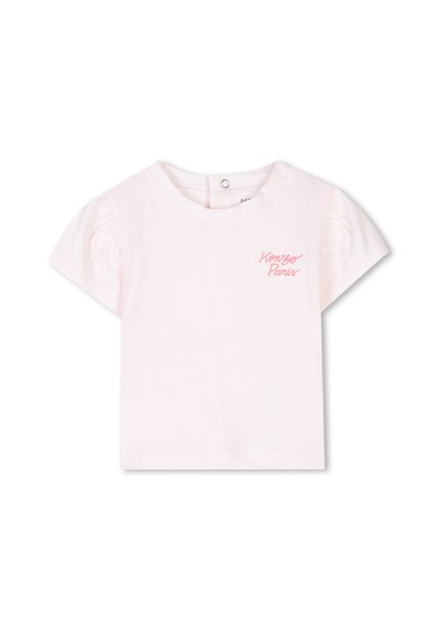 T-shirt corta in cotone rosa con maniche a sbuffo, scollo rotondo e logo "Kenzo Paris" stampato in rosa sul davanti.