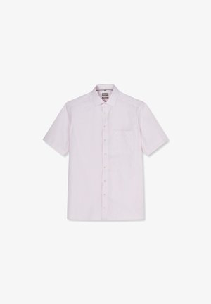 Camicia a maniche corte con bottoni, con righe verticali rosa pallido e bianche e taschino sul petto, mostrata distesa su sfondo bianco.