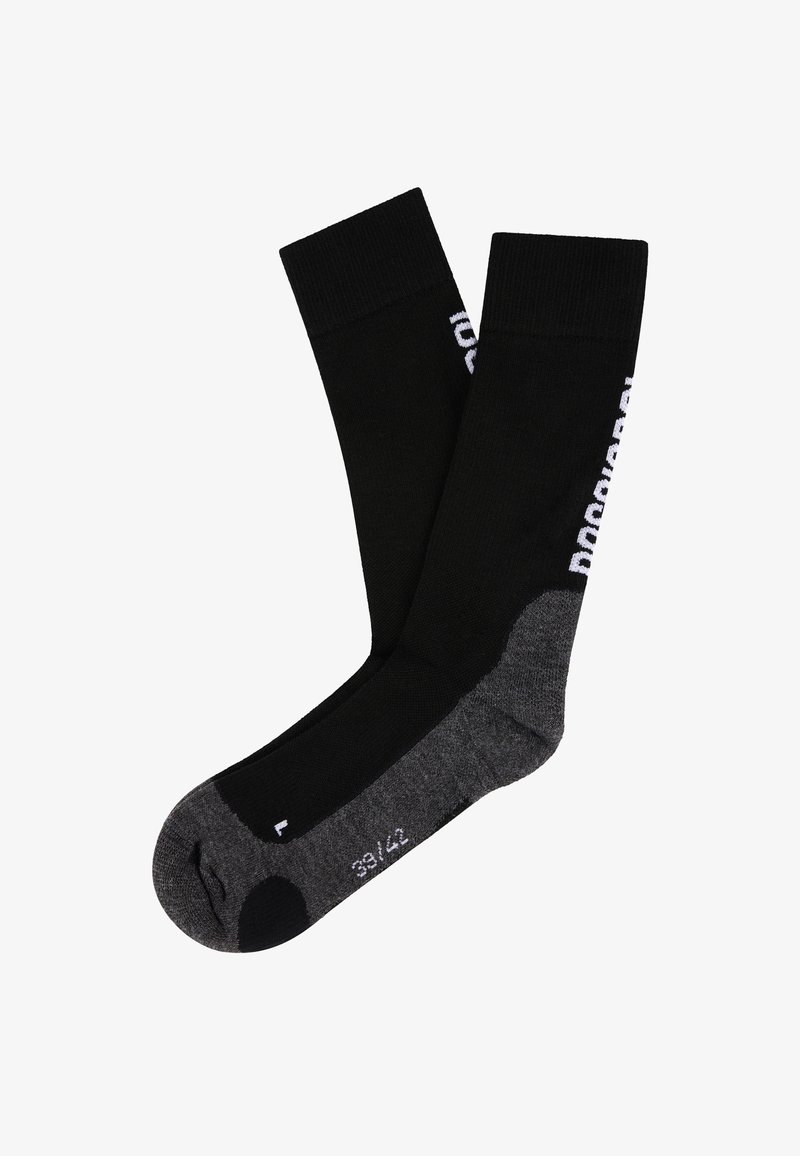 Ein Paar schwarze Crew-Socken mit grauen Bereichen an Zehen und Ferse, weißer Größenangabe "38/42" und weißem, teilweise sichtbarem Markentext am Bündchen.