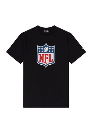 Schwarzes Baumwoll-T-Shirt mit einem großen NFL-Logo in Rot, Weiß und Blau, das Sterne und ein Fußball-Graphic auf der Brust zeigt. Mit kurzen Ärmeln.