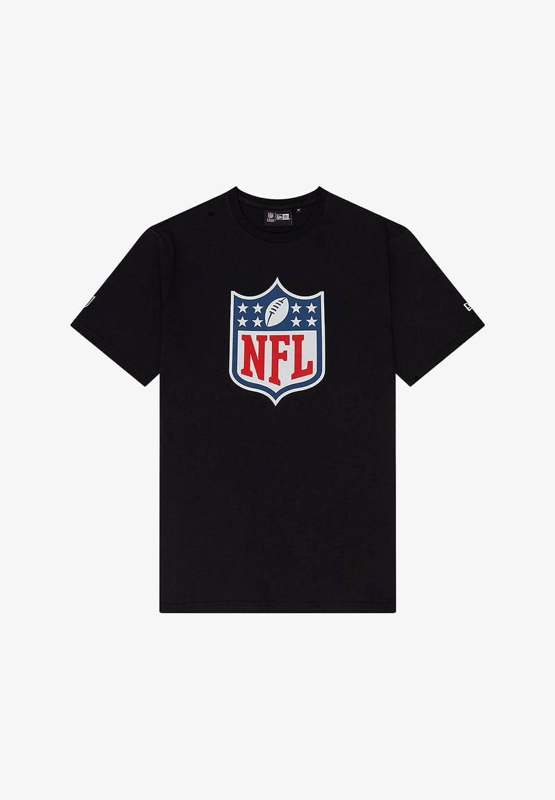 Black cotton t-shirt featuring a large NFL logo in red, white, and blue, with stars and a football graphic on the chest. Short sleeves.